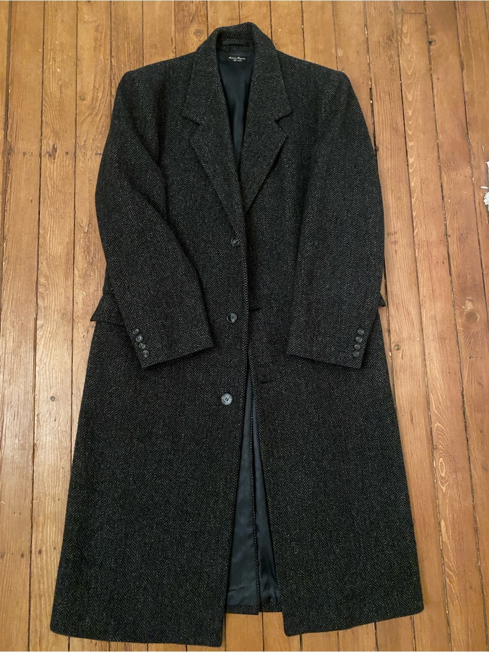 Men's Long Marino Wool Overcoat 42 Long- Black birds eyes